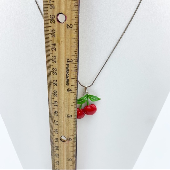 Cherry Pendant Red Green Enamel Silver Plated Chain Necklace - Picture 5 of 12